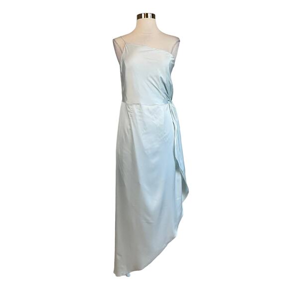 Satin One Shoulder High Low Cocktail Dress Blue Size 12 Thigh Slit Shift by AQUA - Picture 1 of 12